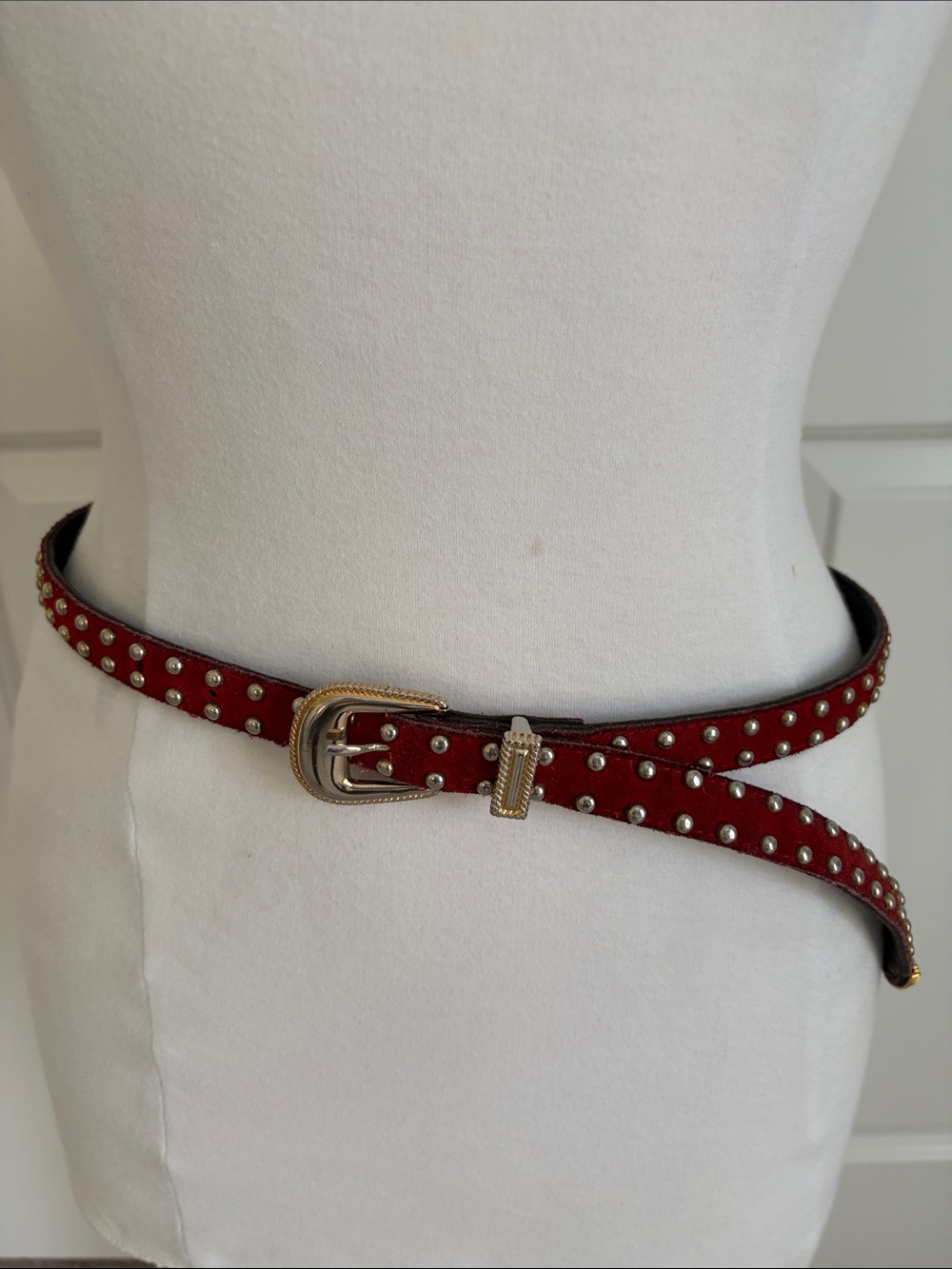 Studded Red Leather Waist Belt with Gold Buckle